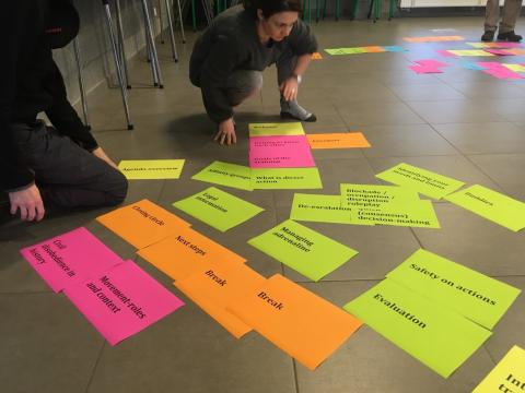 gekleurde post-its met onderdelen van trainingen op de grond