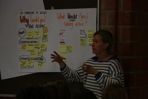 trainer geeft uitleg, op achtergrond 2 flip charts met "why would you take action?" en "what blocks you from taking action?"